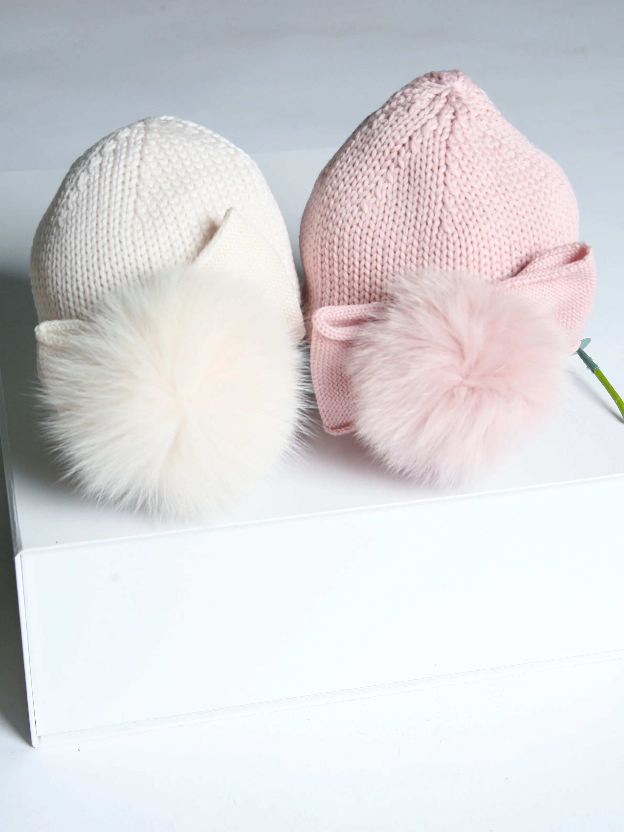 Catya Dusky Pink Marino Wool Hat with Fur Pom & Bow