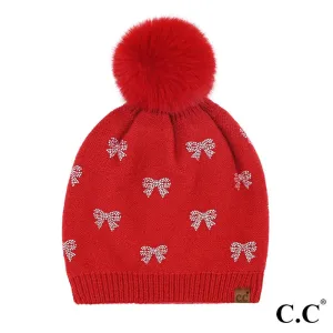 C.C Allover Rhinestone Mini Bow Pom Beanie