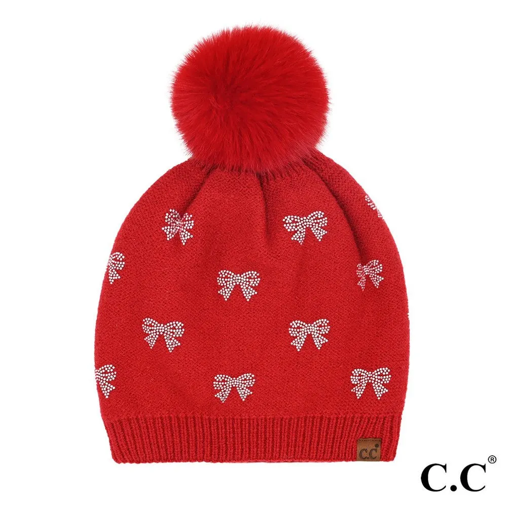 C.C Allover Rhinestone Mini Bow Pom Beanie