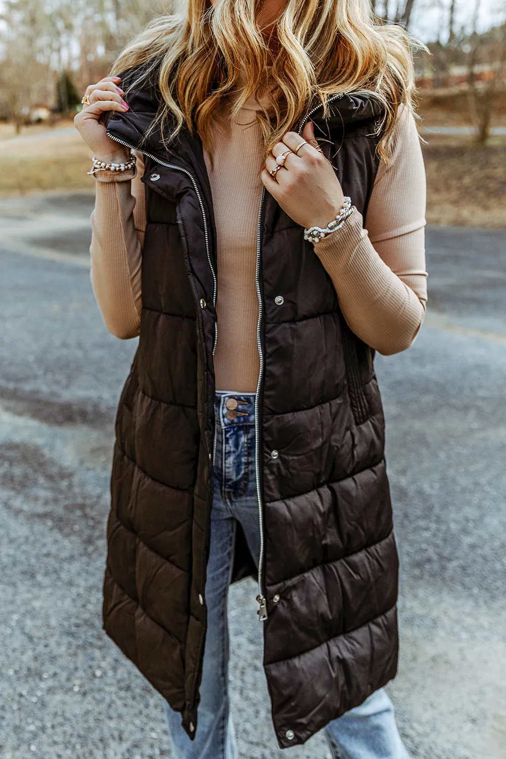Chestnut Hooded Long Quilted Vest Coat
