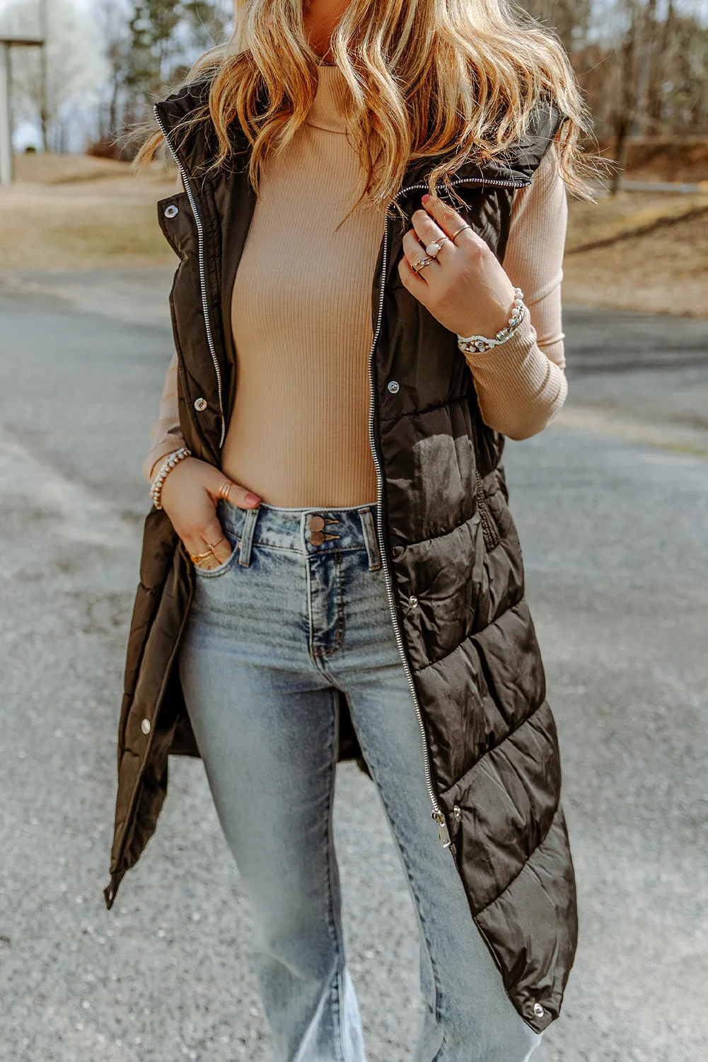 Chestnut Hooded Long Quilted Vest Coat