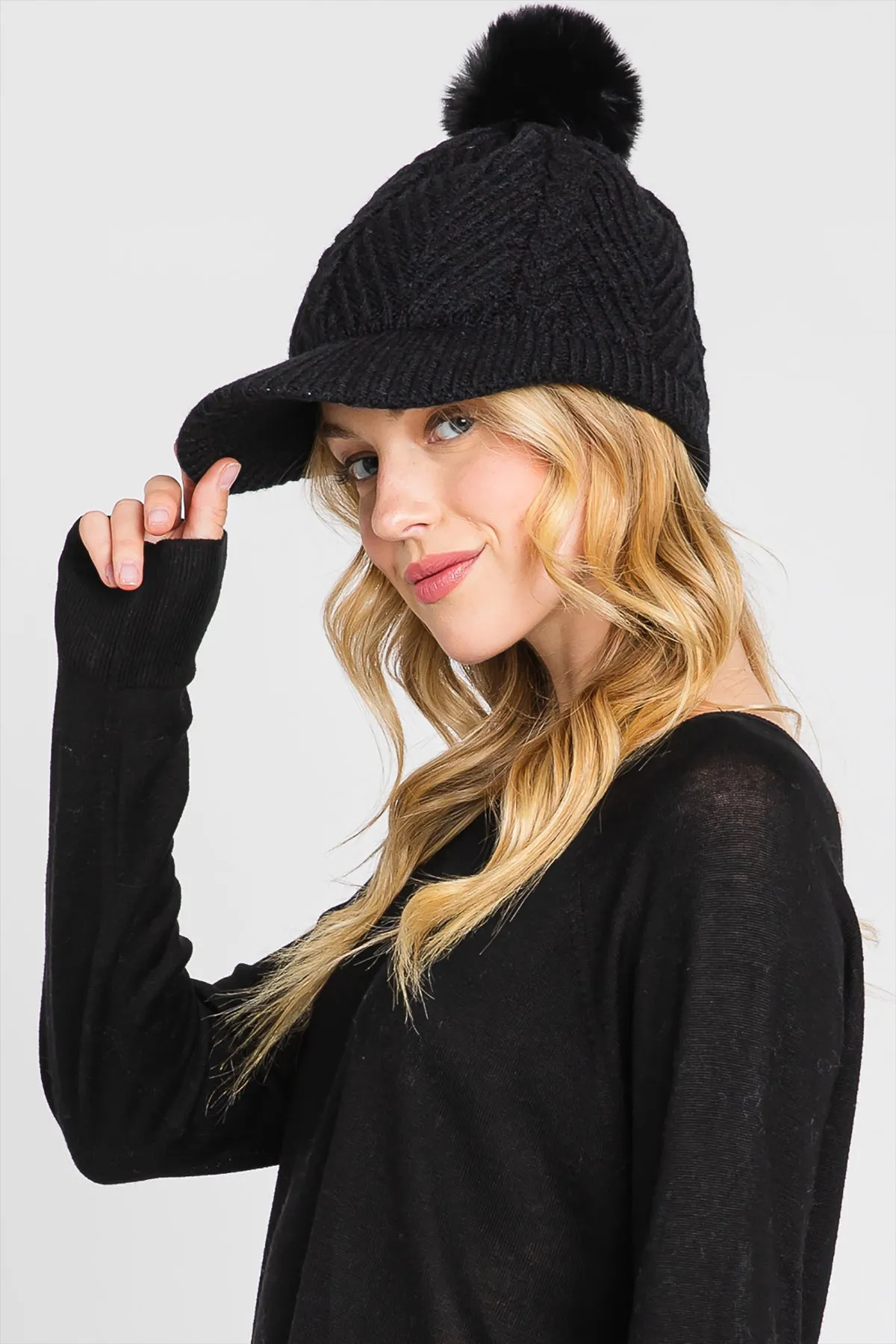 CHEVRON PATTERN POMPOM KNIT CAP