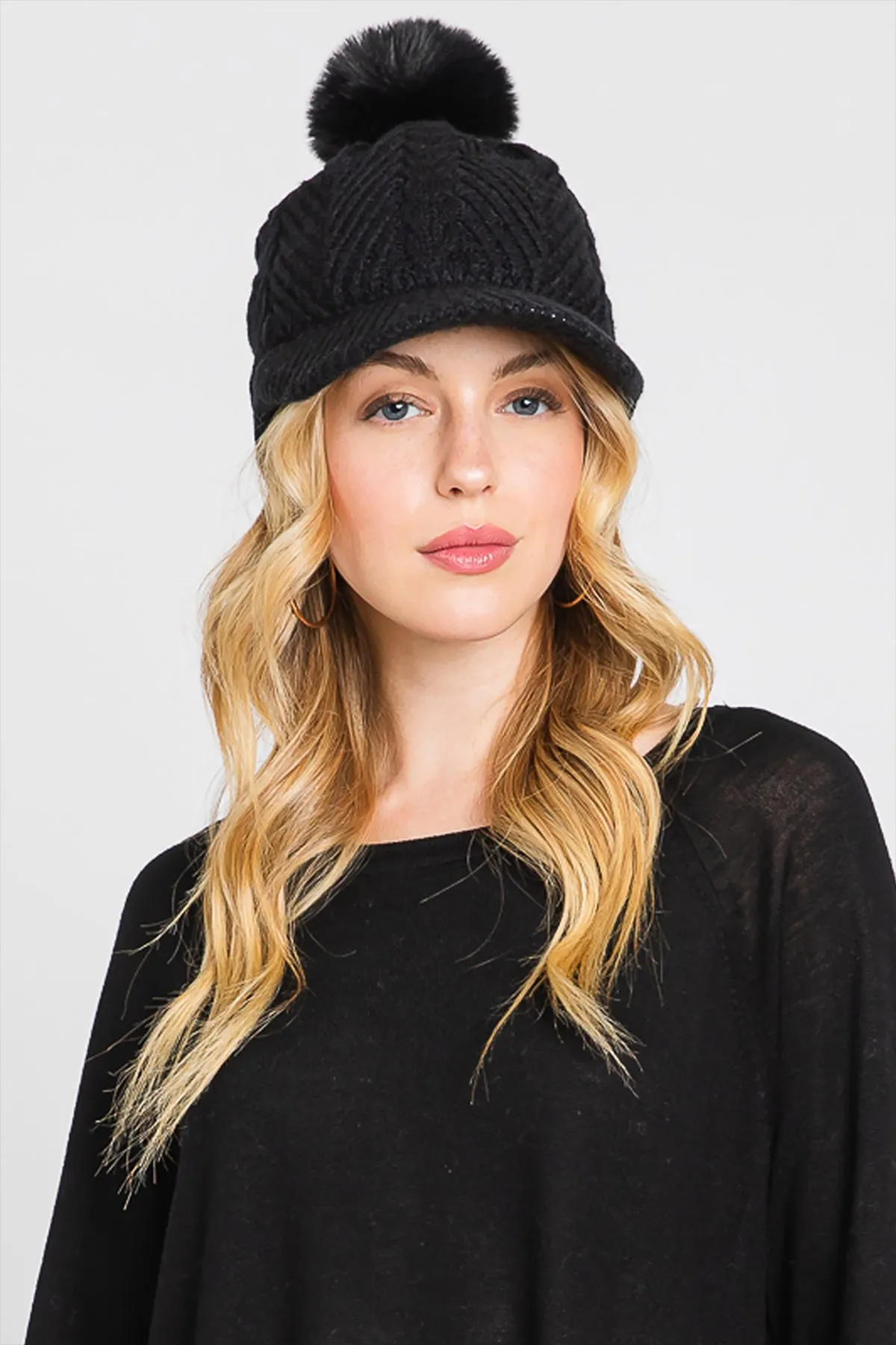 CHEVRON PATTERN POMPOM KNIT CAP