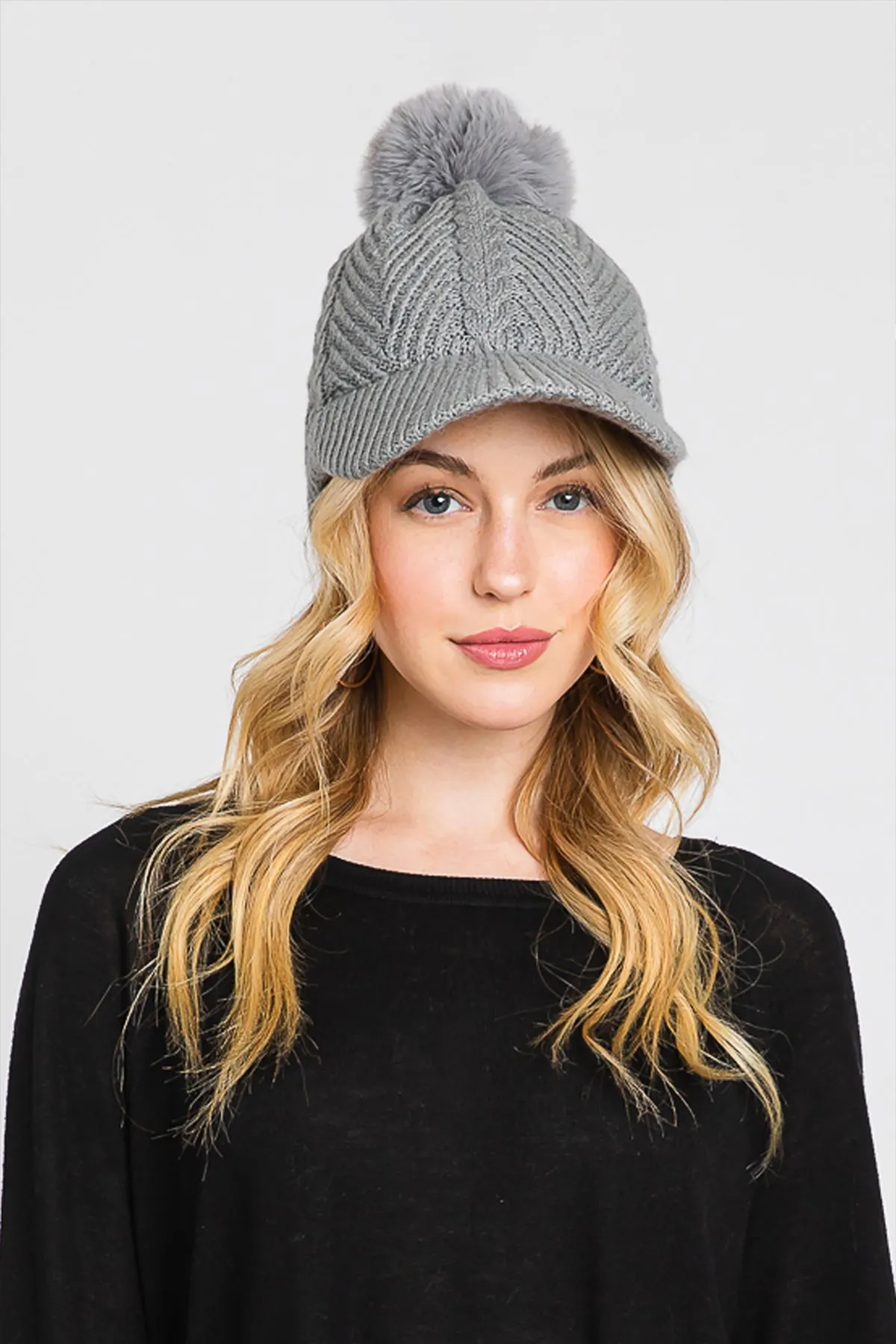 CHEVRON PATTERN POMPOM KNIT CAP