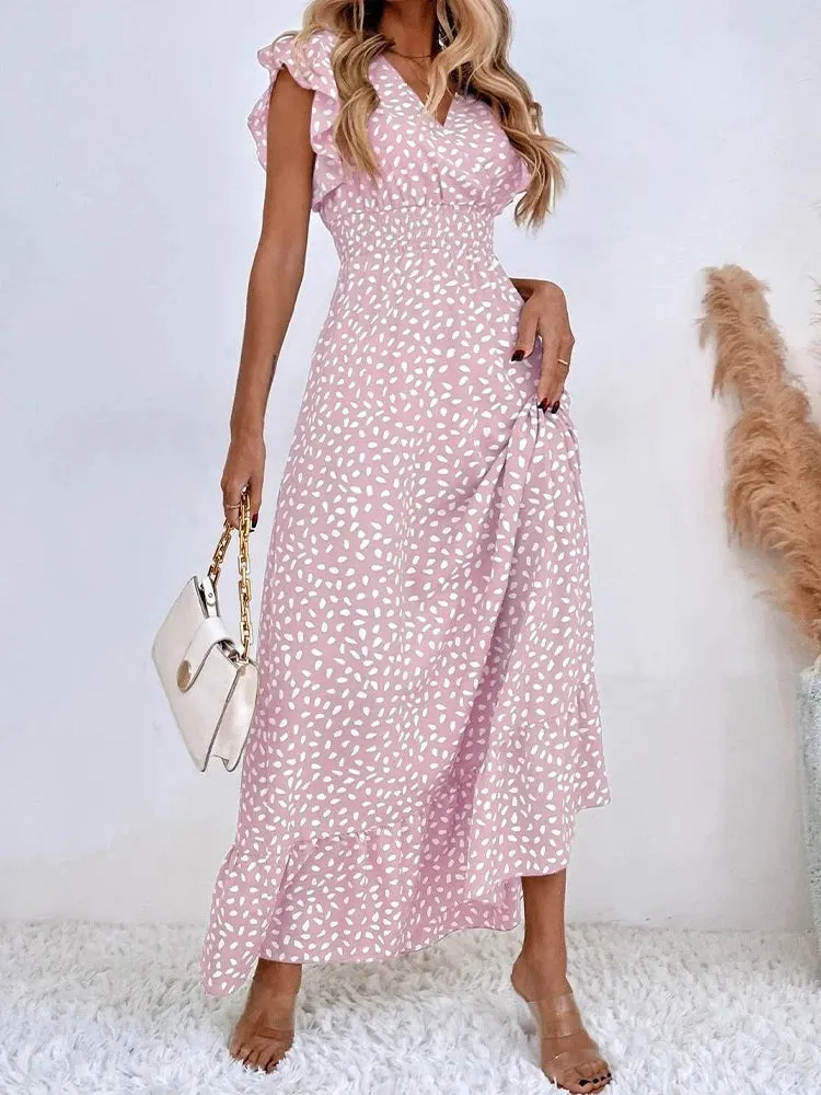 Chiffon Long Print Dress for Women Spring/Summer Sleeveless V-Neck Polka Dot Dress Bohemian Beach Sundress Casual Elegant A-Line Dresses