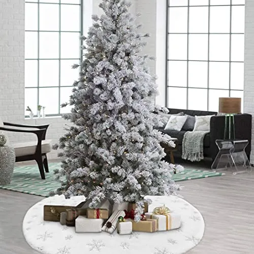 Christmas Tree Skirt with Sequin Snowflake, 48inch Christmas Tree Skirt Velvet Snowy White Winter Large Xmas Tree Mat for Holiday Home Party Decorations Ornaments