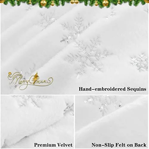 Christmas Tree Skirt with Sequin Snowflake, 48inch Christmas Tree Skirt Velvet Snowy White Winter Large Xmas Tree Mat for Holiday Home Party Decorations Ornaments