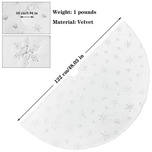 Christmas Tree Skirt with Sequin Snowflake, 48inch Christmas Tree Skirt Velvet Snowy White Winter Large Xmas Tree Mat for Holiday Home Party Decorations Ornaments