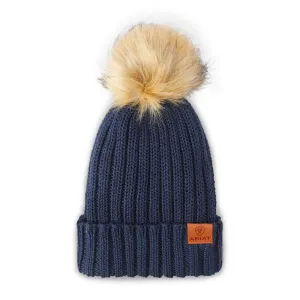 CL100378--Navy Ariat Cotswold Beanie w/Faux Fur Pom Pom