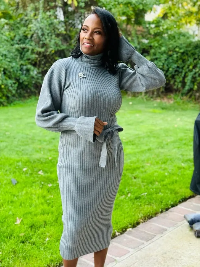 Class Act High Neck Sweater Dress-Grey