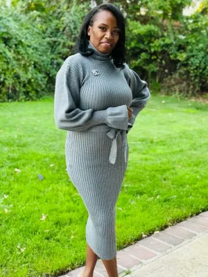 Class Act High Neck Sweater Dress-Grey
