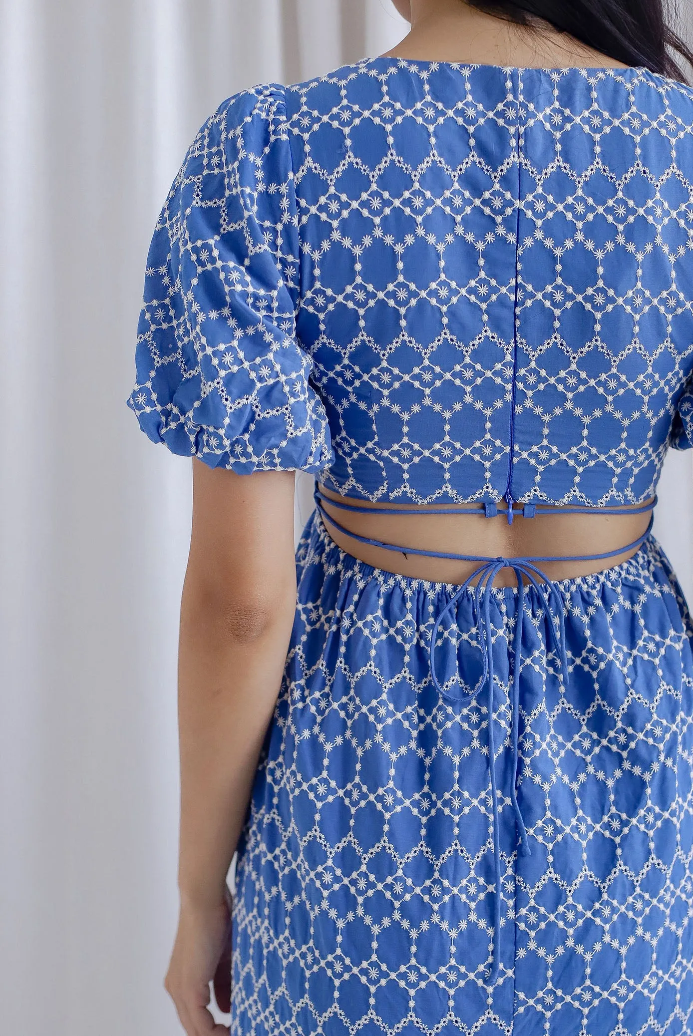 Clifford Embro Puffy Sleeve Tie Back Maxi Dress In Blue