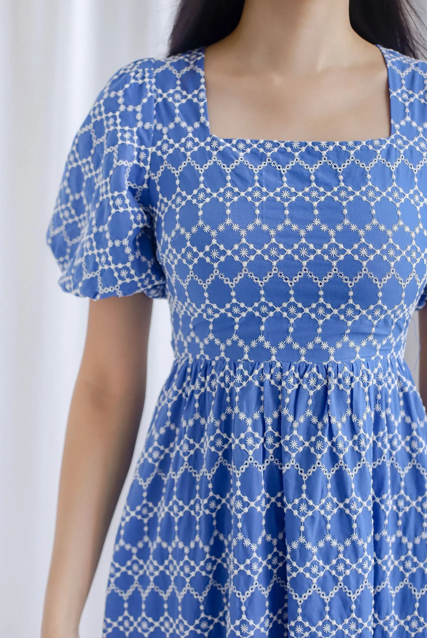 Clifford Embro Puffy Sleeve Tie Back Maxi Dress In Blue