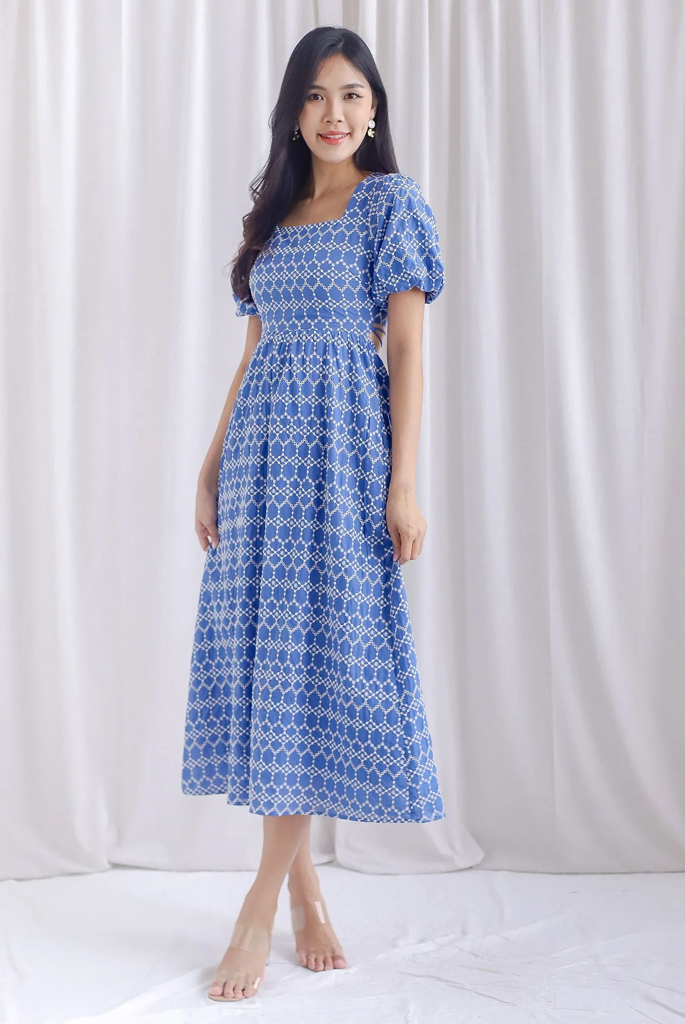 Clifford Embro Puffy Sleeve Tie Back Maxi Dress In Blue