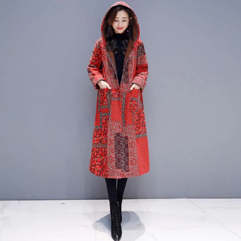 Coat Women Winter Warm Cotton and Linen Ethnic Button Pocket Long Coat Outwear