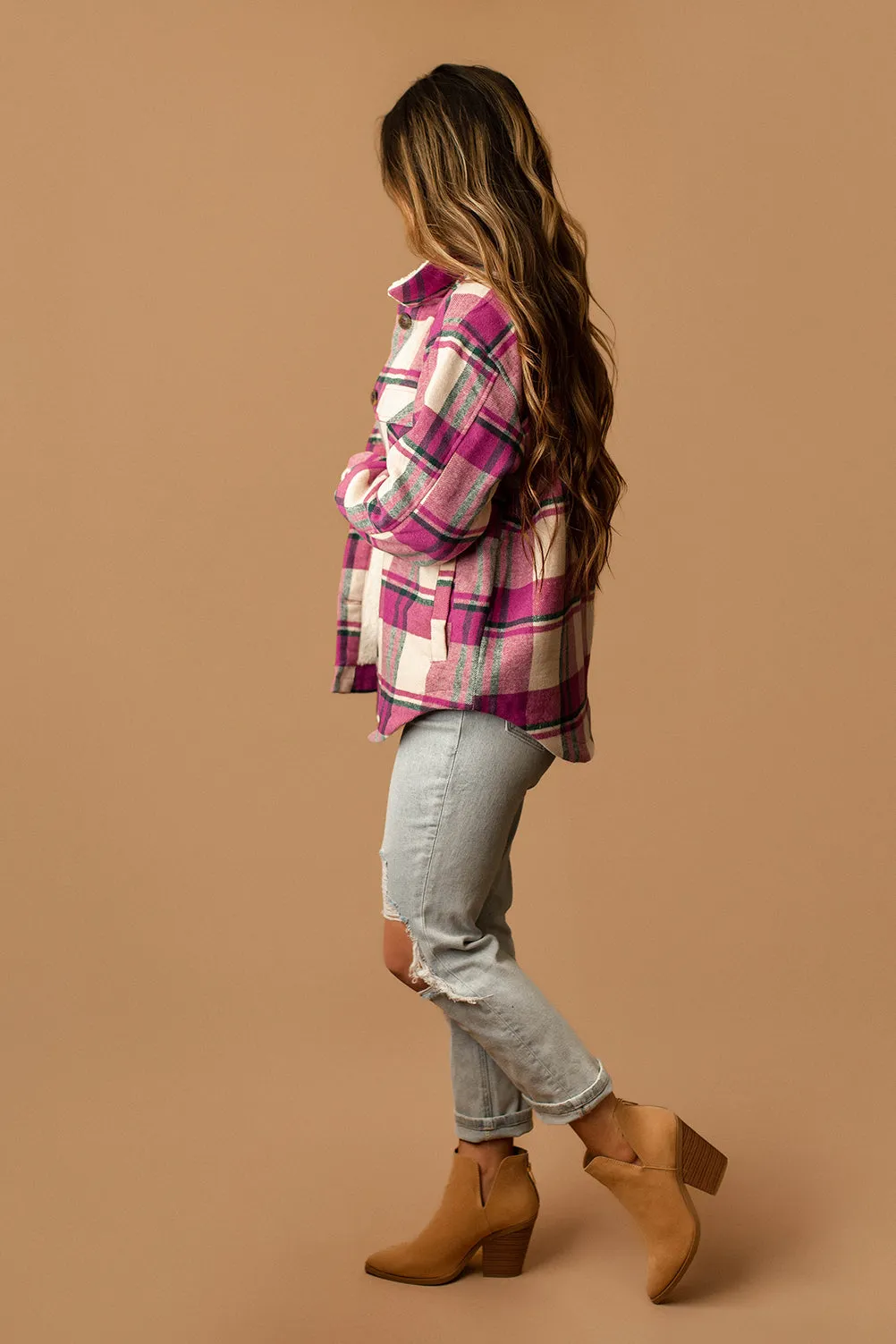 Conway Sherpa Lined Plaid Shacket (Magenta   White)