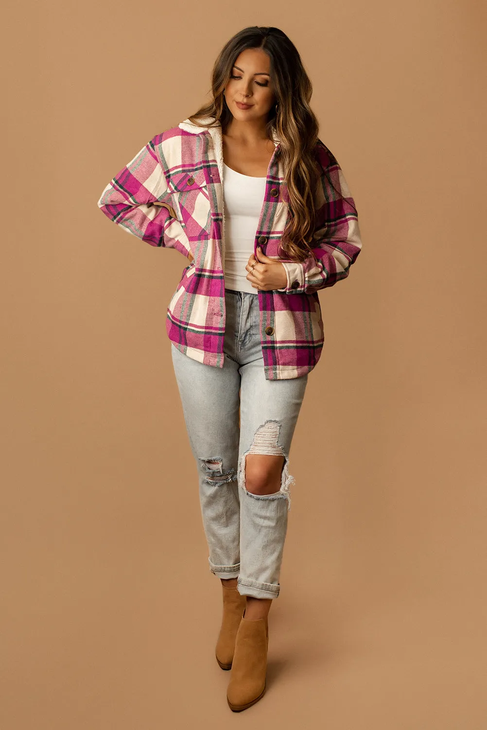 Conway Sherpa Lined Plaid Shacket (Magenta   White)