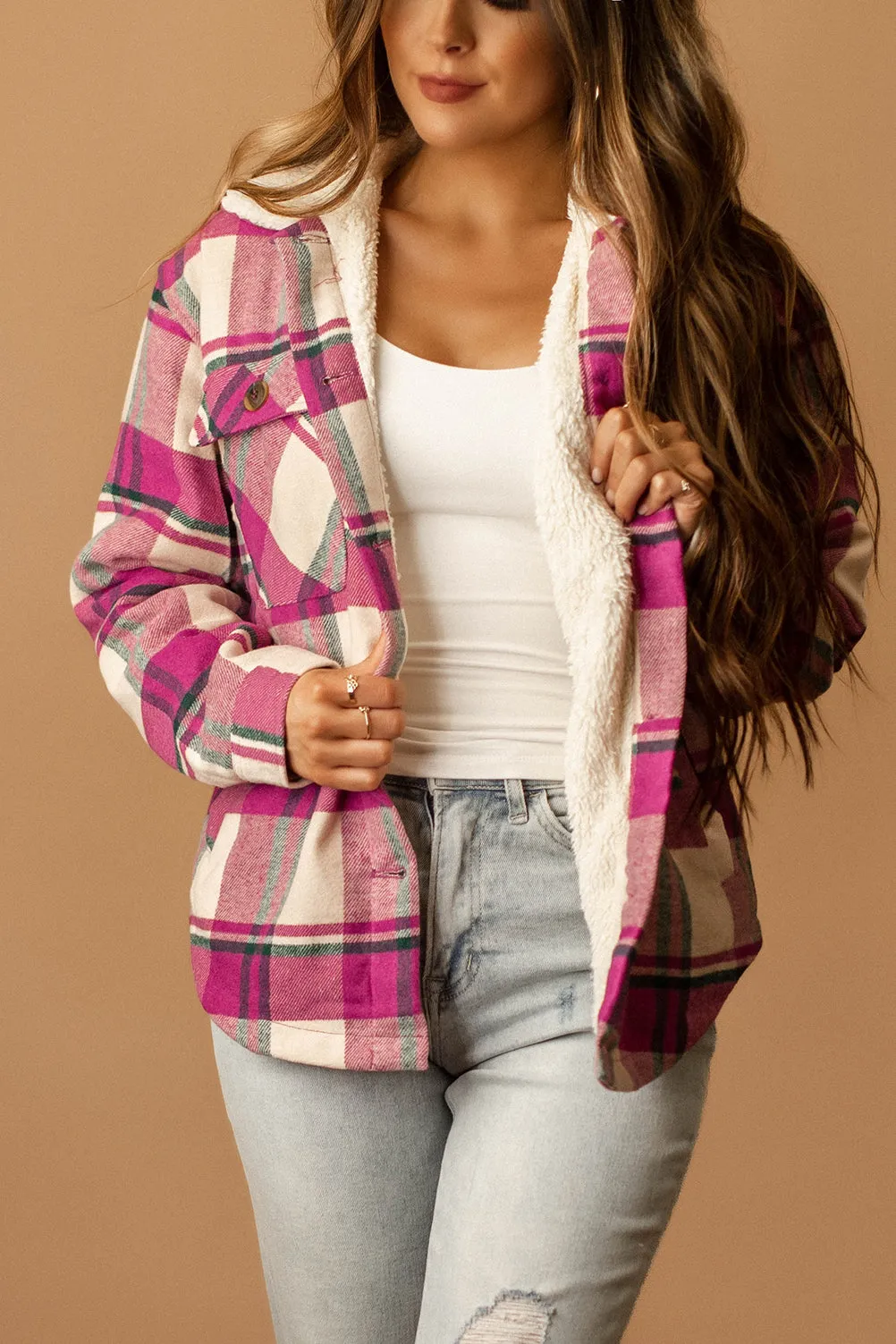 Conway Sherpa Lined Plaid Shacket (Magenta   White)