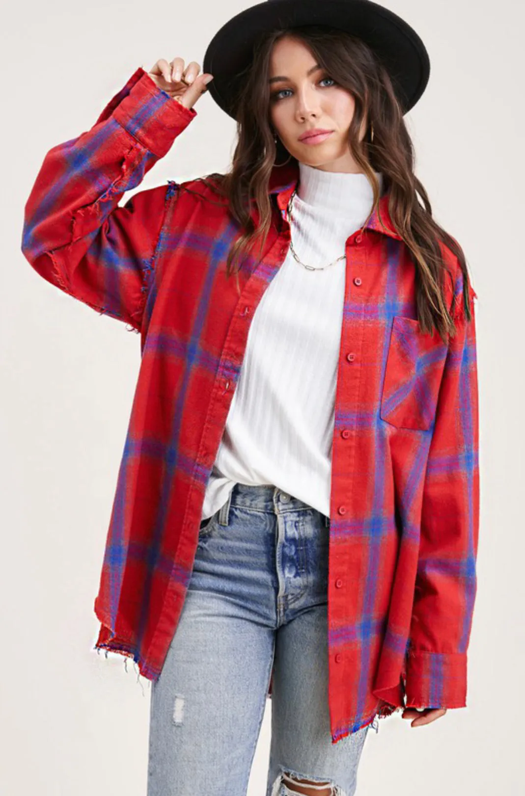Cool & Edgy oversized flannel shirt *RED*