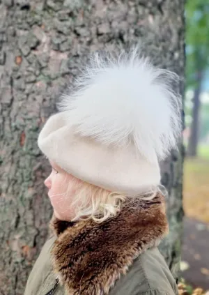 Cream Beret With White Pom