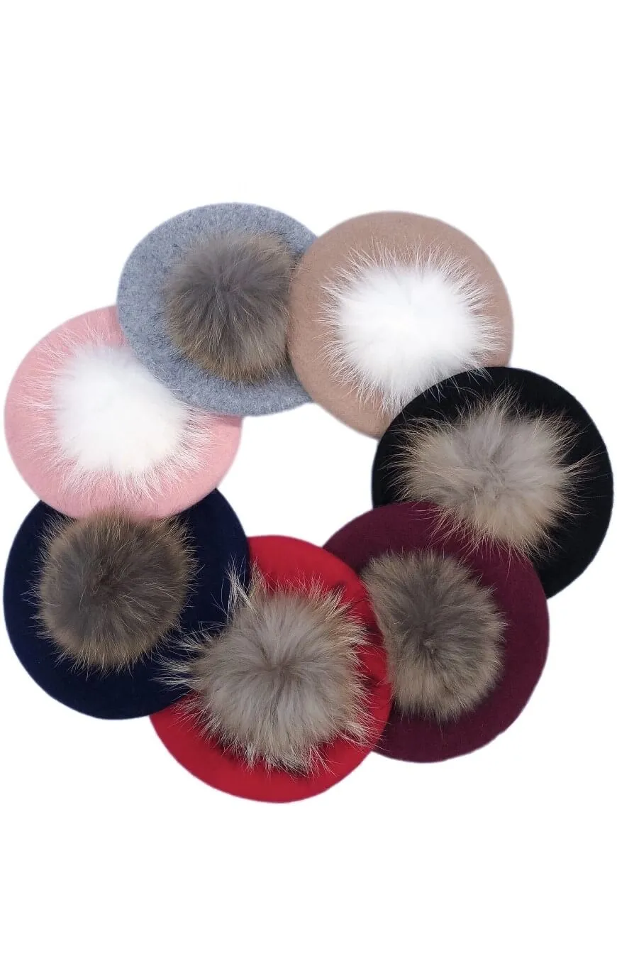 Cream Beret With White Pom