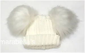 Cream Knitted Hat With Two Faux Fur Pom Poms