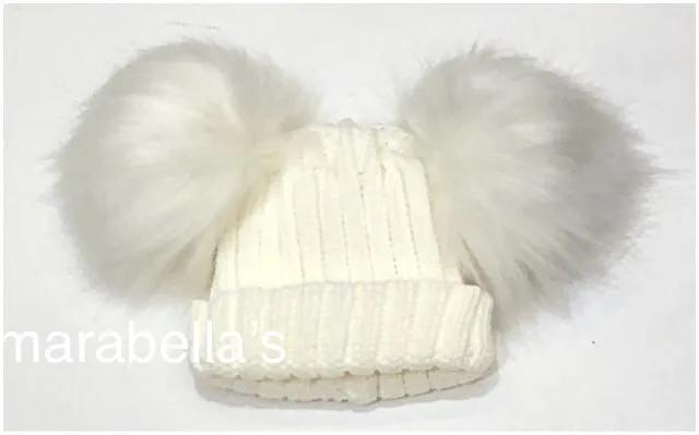 Cream Knitted Hat With Two Faux Fur Pom Poms