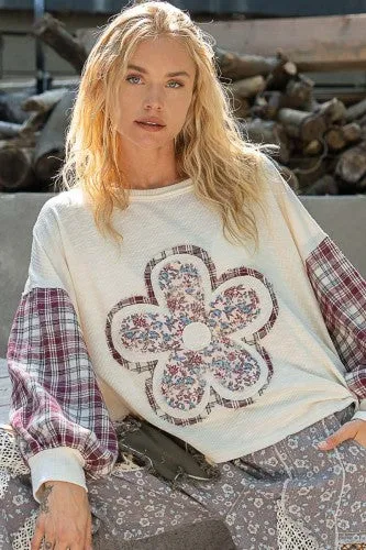 Cream   Wine Flannel Mix Floral Patch L/S
