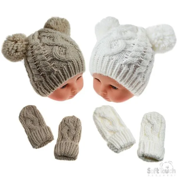 Cream/Beige Heavy Knit Pom-Pom Hat & Mitten Set - 12-24M (H483-CBE-MED)