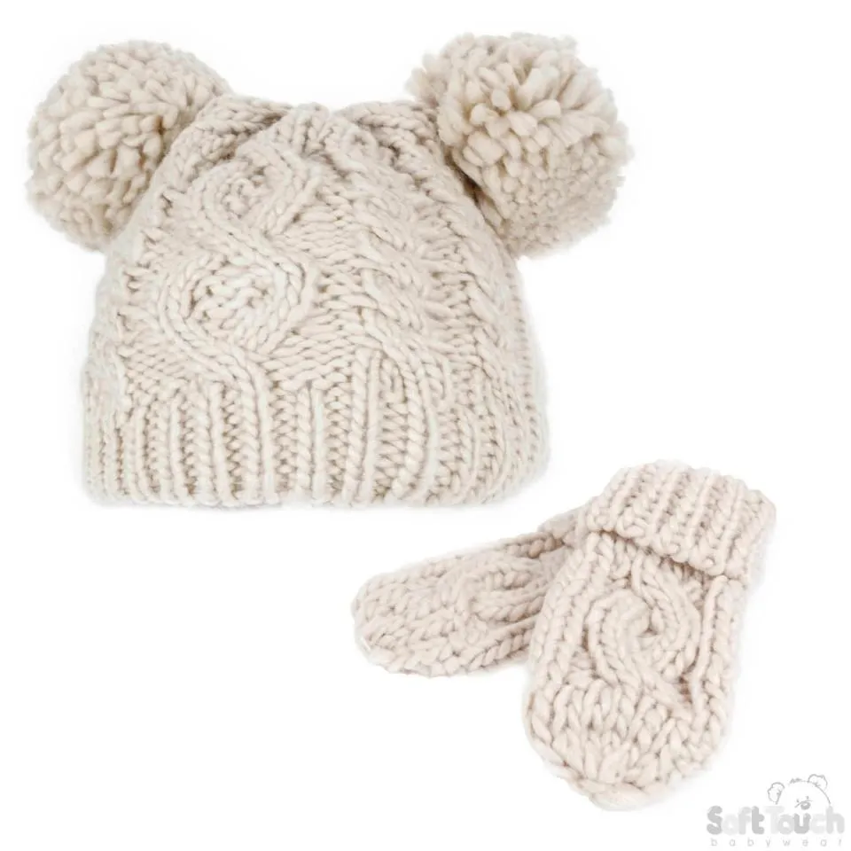 Cream/Beige Heavy Knit Pom-Pom Hat & Mitten Set - 12-24M (H483-CBE-MED)