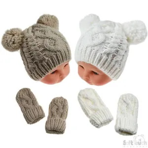 Cream/Beige Heavy Knit Pom-Pom Hat & Mitten Set - 12-24M (H483-CBE-MED)