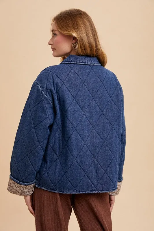 Dark Blue Quilted Printed Lining Snap Down Denim Jacket