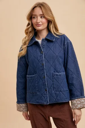 Dark Blue Quilted Printed Lining Snap Down Denim Jacket