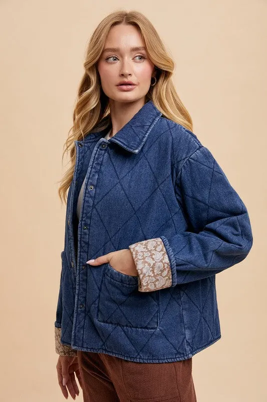 Dark Blue Quilted Printed Lining Snap Down Denim Jacket