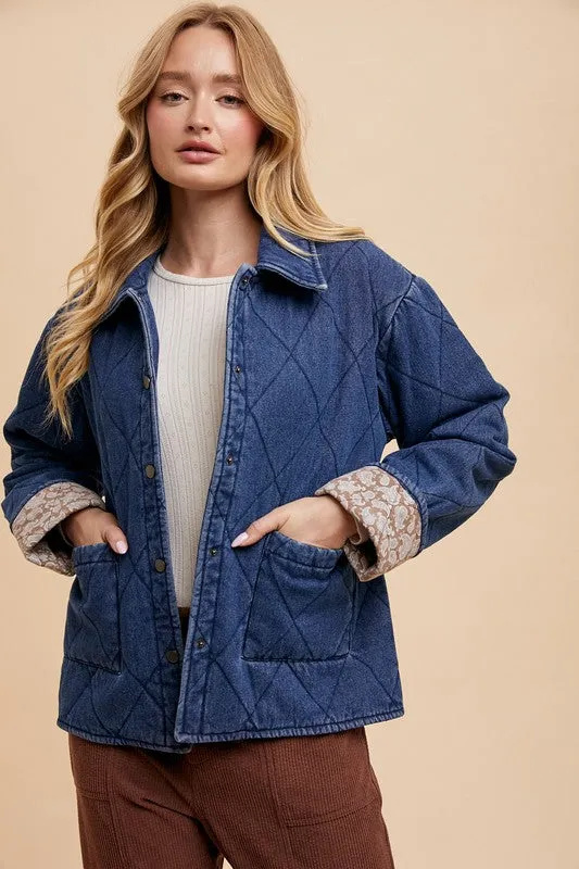 Dark Blue Quilted Printed Lining Snap Down Denim Jacket