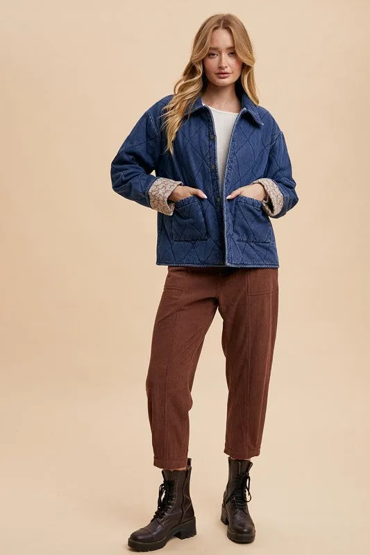 Dark Blue Quilted Printed Lining Snap Down Denim Jacket
