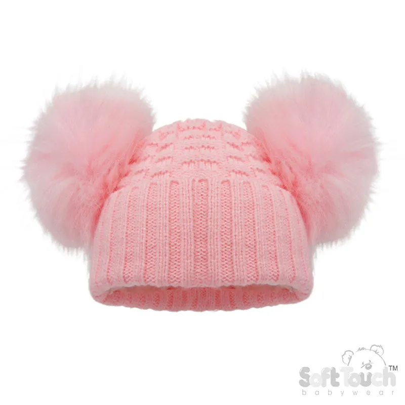 DELUXE BABY PINK CHECKED/STRIPED HAT W/POM POMS (2-5 Years) (PK6) H674-BP