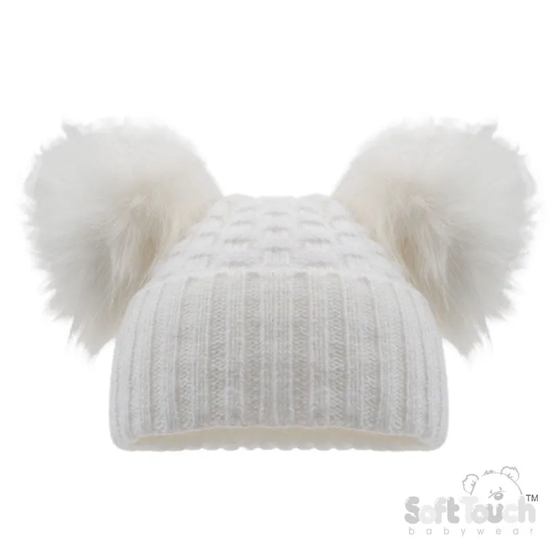 DELUXE WHITE CHECKED/STRIPED HAT W/POM POMS (12-24 Months) (PK6) H672-W