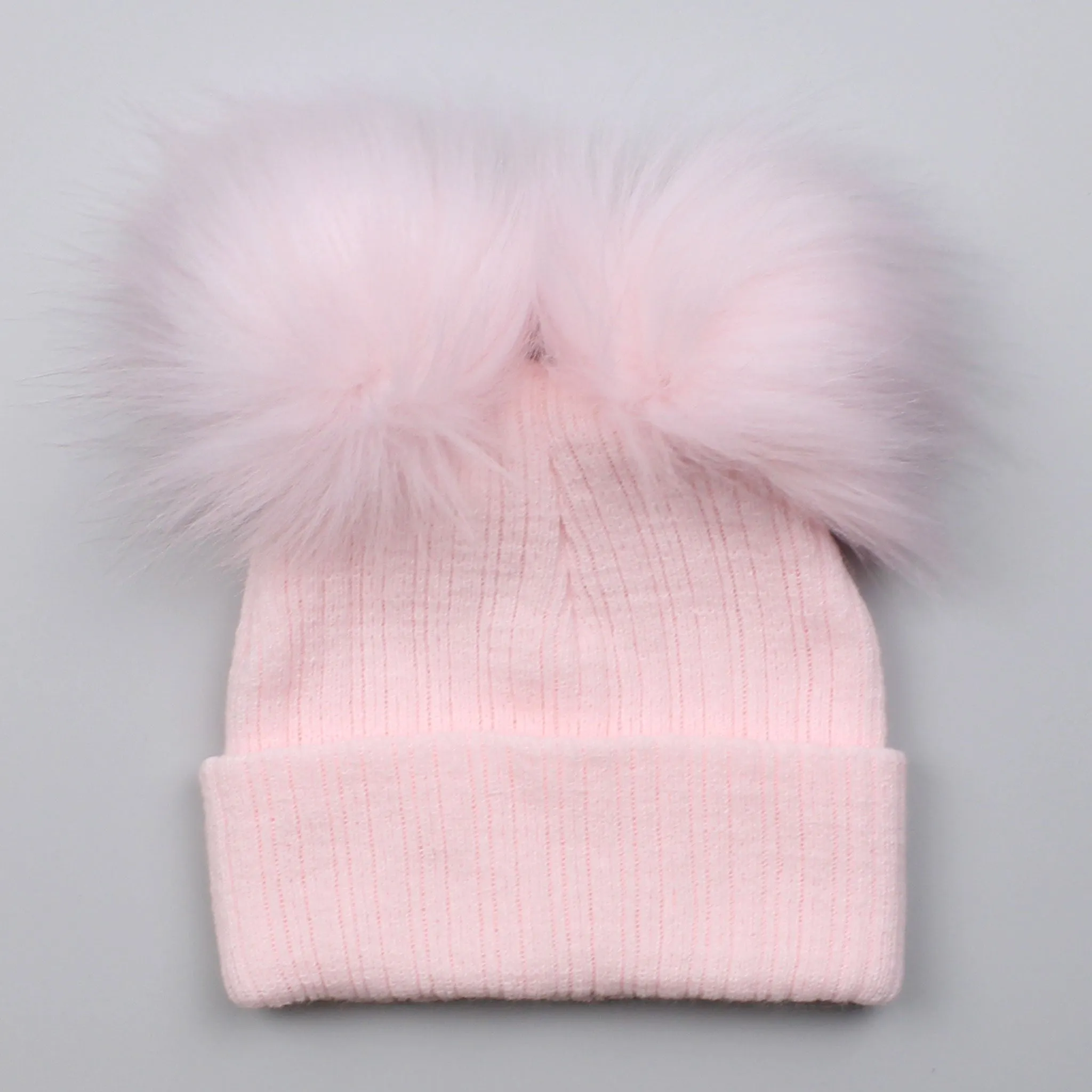 Double Pom Pink Baby Hat - Pastel Pink