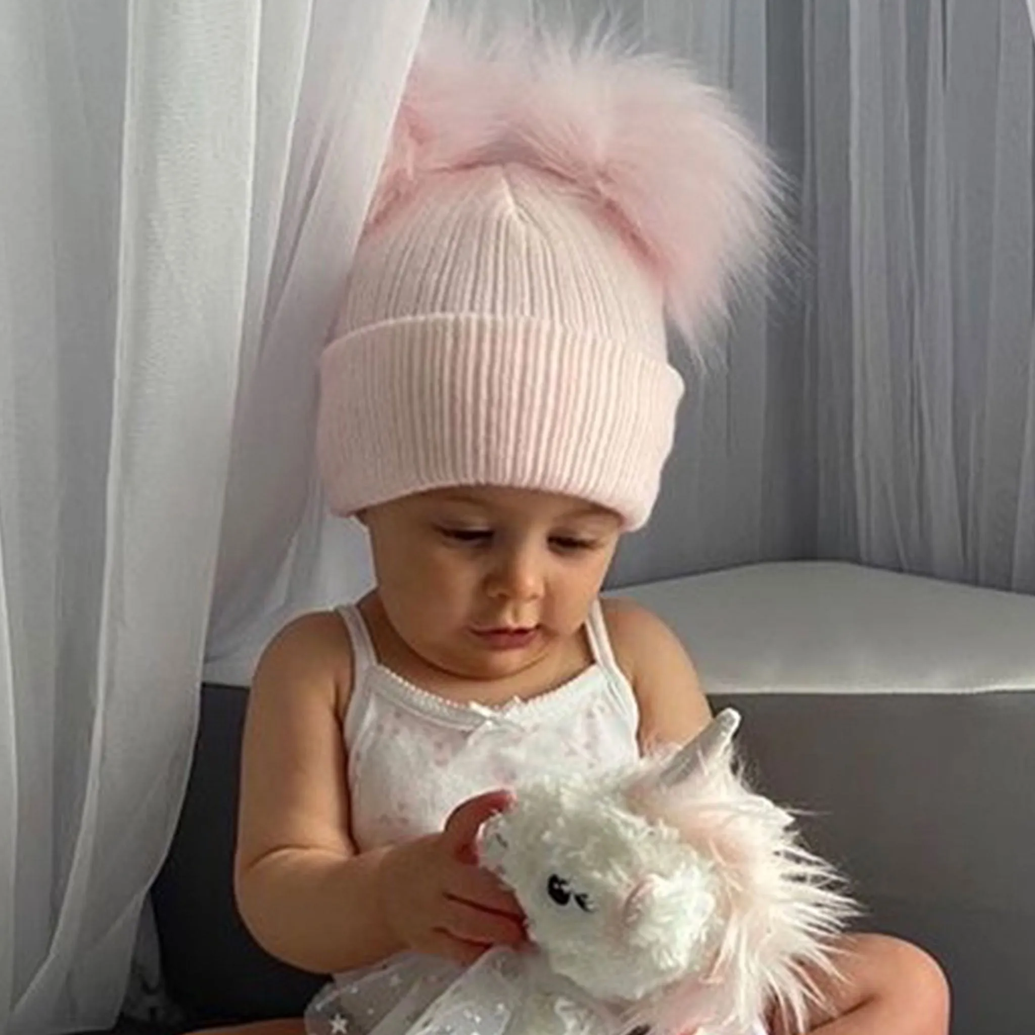 Double Pom Pink Baby Hat - Pastel Pink