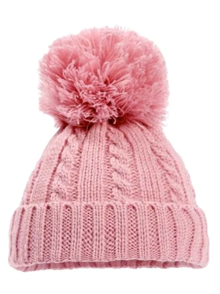 Dusky Pink Cable Knit Pom Pom Hat - 12-24 Months