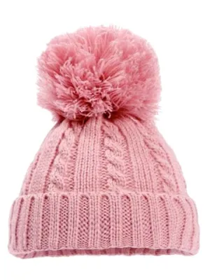 Dusky Pink Cable Knit Pom Pom Hat - 12-24 Months