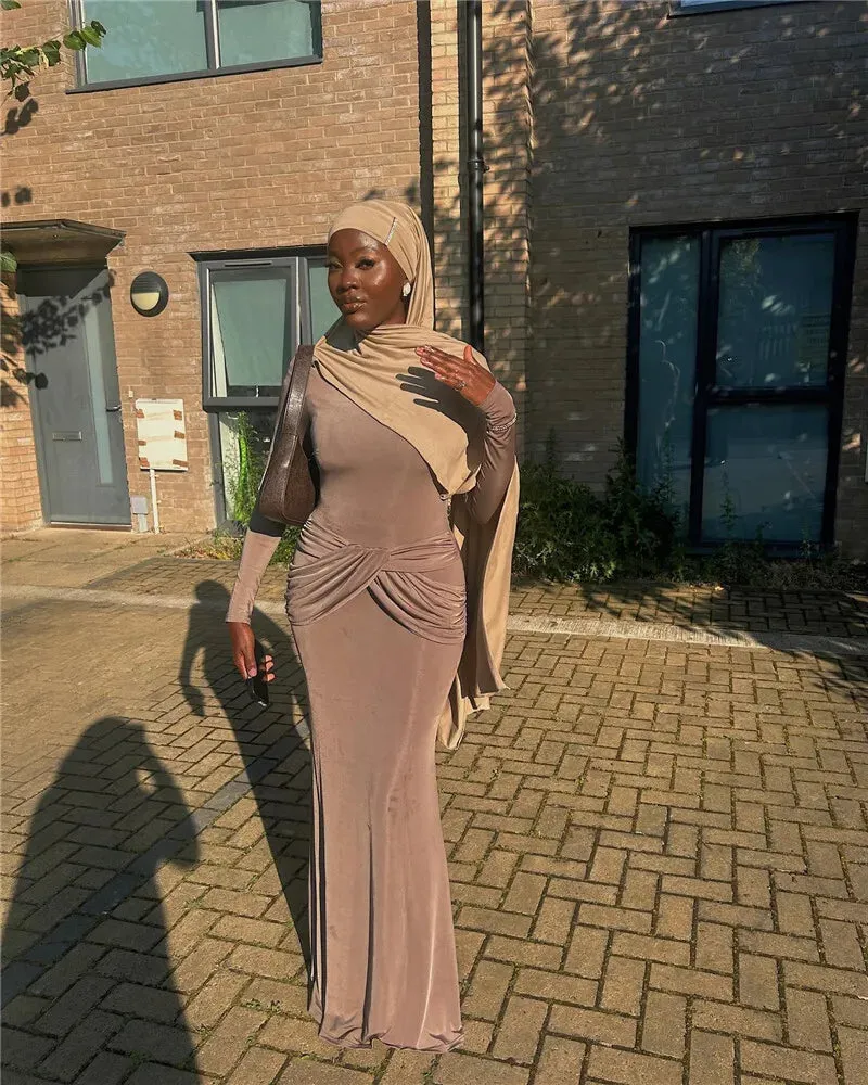 Elegant Full-Length Gown with Draped Waist Design Bodycon Dress