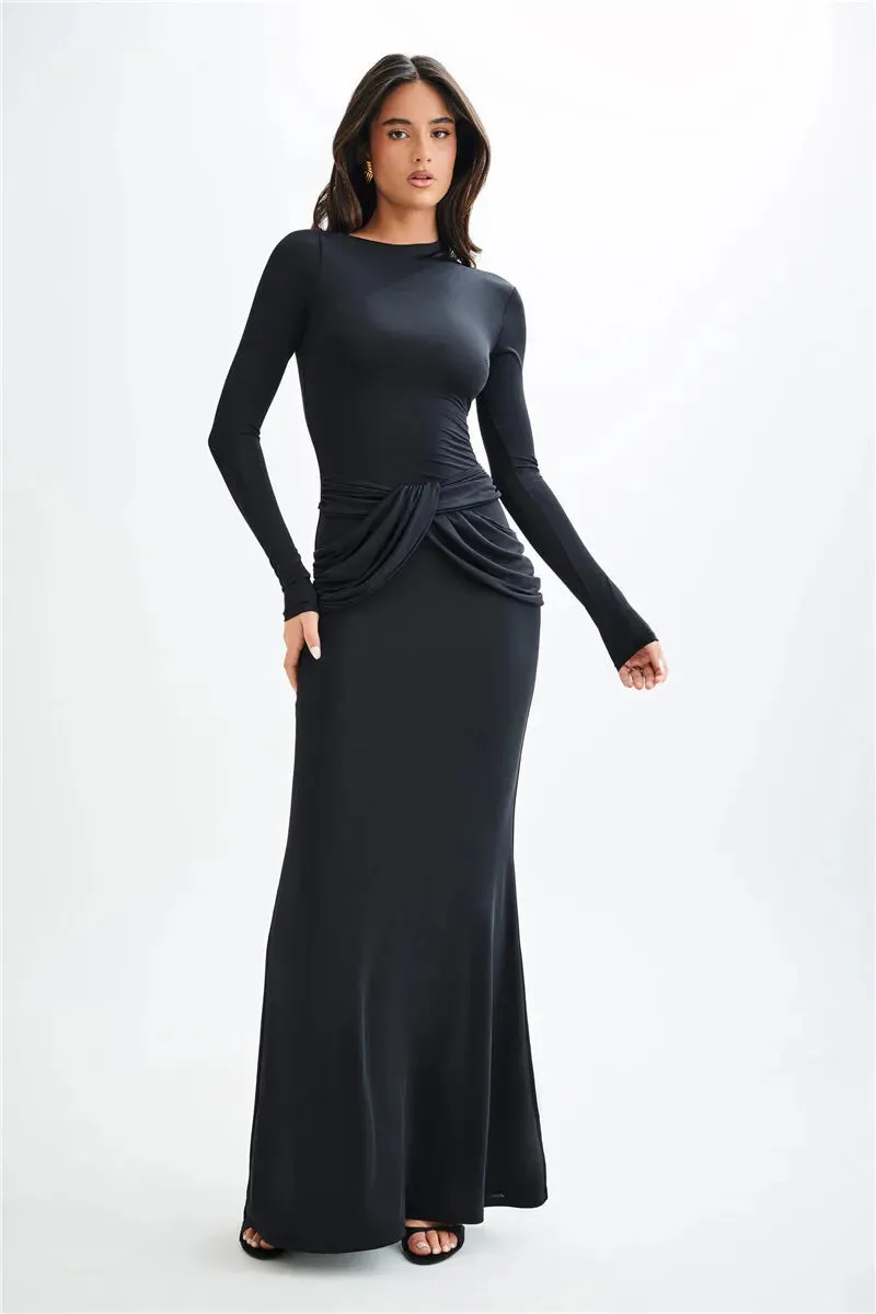 Elegant Full-Length Gown with Draped Waist Design Bodycon Dress