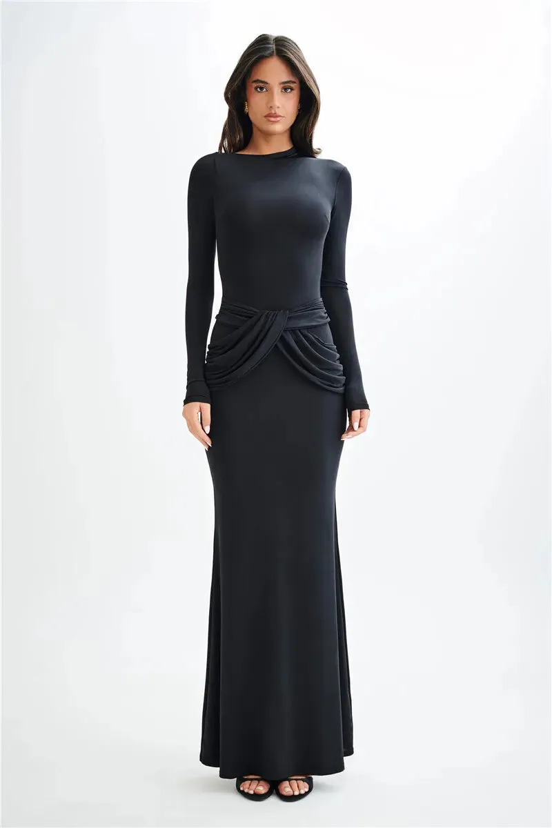 Elegant Full-Length Gown with Draped Waist Design Bodycon Dress