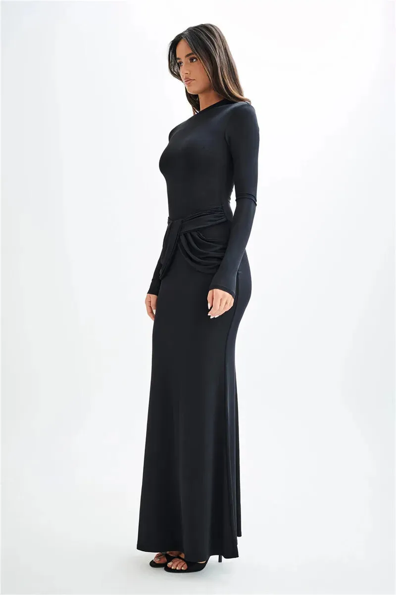 Elegant Full-Length Gown with Draped Waist Design Bodycon Dress