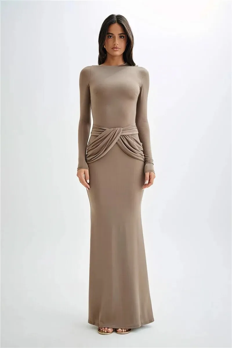 Elegant Full-Length Gown with Draped Waist Design Bodycon Dress