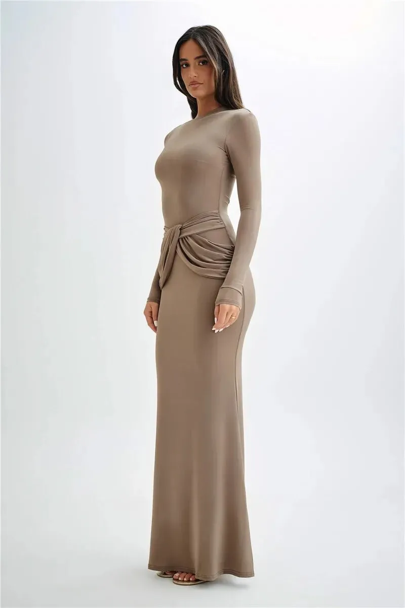 Elegant Full-Length Gown with Draped Waist Design Bodycon Dress