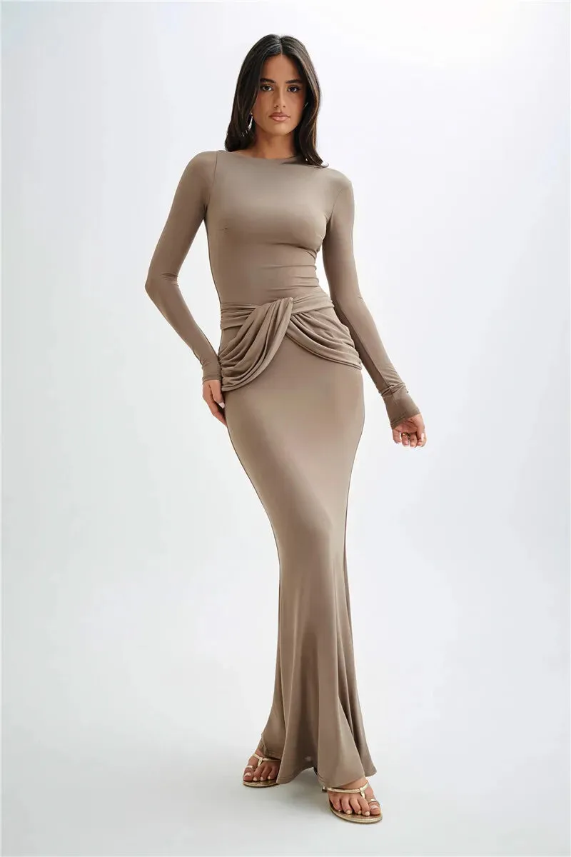 Elegant Full-Length Gown with Draped Waist Design Bodycon Dress