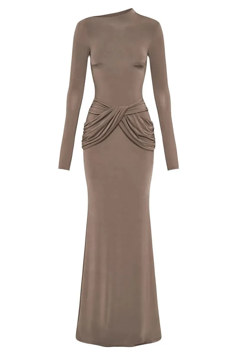 Elegant Full-Length Gown with Draped Waist Design Bodycon Dress